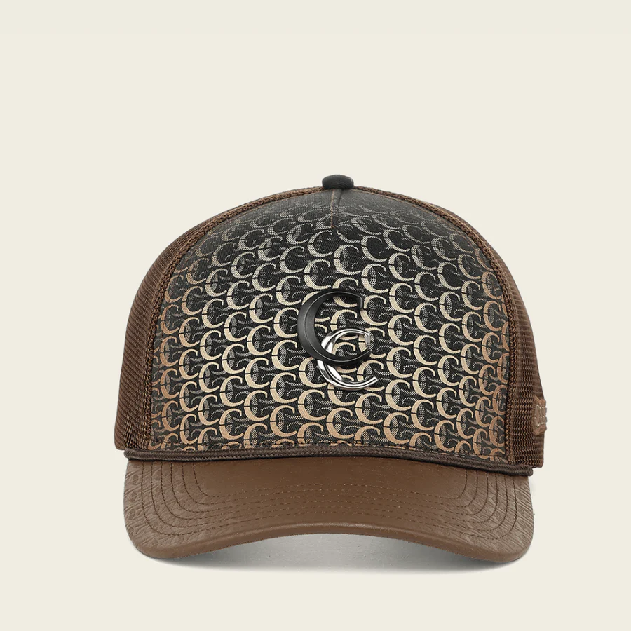 Gorra Cuadra snapback en piel genuina texturizada para caballero Legado Trucker café